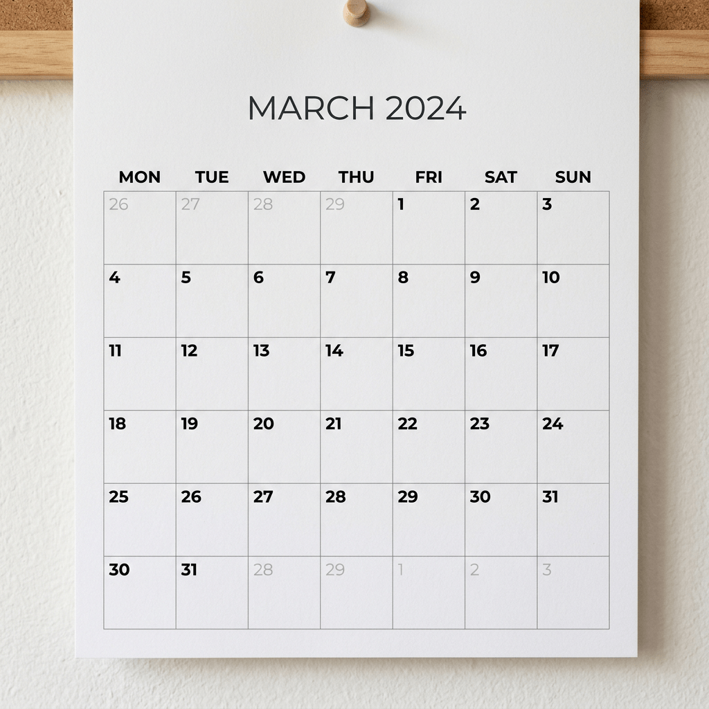 Calendar page showing March 2024 with days of the week and dates